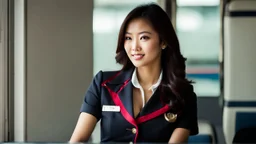 A very pretty Asian model in an air hostess uniform looking out of the window