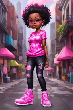 create an oil painting illustration of a chibi cartoon voluptuous black female. Wearing a tye dye blouse and tight black jeans with hot pink Nike sneakers. Prominent make up with hazel eyes and she is wearing pink glasses. Extremely Highly detail of a very low platinum shiny black pixie haircut. Background of a busy city street. 2k