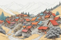 Colour Draw a mountain village of 5 houses