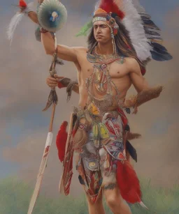 Guaicaipuro, native american god warrior, red feathers headdress, shirtless, holding a stone tip spear