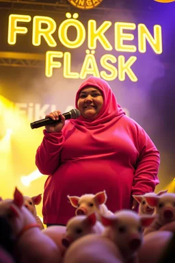 a very fat swedish girl, with pink balaclava with called "Fröken Fläsk" performing at dance club, her name is "Fröken Fläsk" piglets On stage, yellow Neon lights and smog, and "FRÖKEN FLÄSK" big sign on the wall, she singing with mic, text in swedish! no translate mr. stable ai, text in swedish! no translate mr. stable ai, text in swedish! no translate mr. stable ai