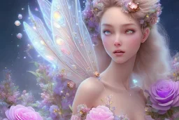 one very little beautiful fairy above one big crystal subtle flower in a galactic ambiance, transparent petals, delicate colors, in the foreground, full of details, smooth, bright sunshine，soft light atmosphere, light effect，vaporwave colorful, concept art, smooth, extremely sharp detail, finely tuned detail, ultra high definition, 8 k, unreal engine 5, ultra sharp focus