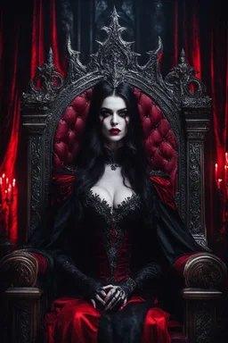 Photography Horror Art of The majestic Dark Vampire Queen,red eyes bright,sits on his throne, in darkness palace background , close-up portrait