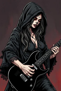 beautiful busty waif woman(wearing a wrinkled dark hoodie with wide sleeves trimmed with lace, skull face paint) playing a black electric guitar with scythe blade at top. heavy metal graphic novel