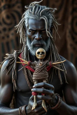 beautiful black skin warrior man gray hair holding a voodoo doll made of sticks