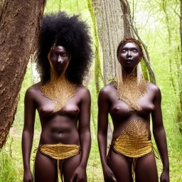 Female twins pretty facial features . Black skin, tall and slender, long afro kinky hair,almond shaped dark brown eyes, warrior wear holding spears. Gold accents on clothing surrounded by trees. Not afraid.