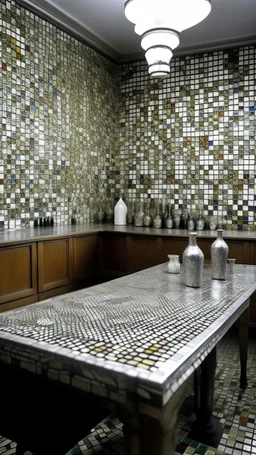 A silver colored doctor's laboratory with strange vials designed in ancient Roman mosaics painted by Gustav Klimt