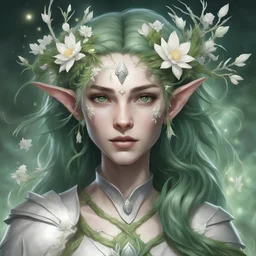 Generate a dungeons and dragons character portrait of the face of a female spring Eladrin. She is a circle of the Stars Druid, Twilight Cleric. Her hair is off-white and voluminous. Her skin is very pale. Her eyes are green. She wears a dainty circlet made of silver coated branches with spring flowers.