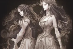 baroque style, elegant, long hair concept art, fancy clothing, fancy room interior, highly detailed, artstation, behance, deviantart, inspired by innocent manga, inspired by castlevania concept art, trending, ayami kojima, shinichi sakamoto