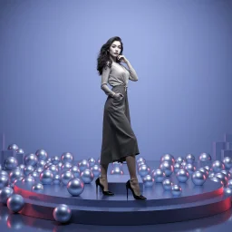 pretty color full stage made of metallic blue teme 3d recursive cubic and sphere base structures and the scene is in color,a beautiful black and white art picture of fashion model lady in modern clothing posing with cute and with high heels,midi skirt, makeup curvy long hair.