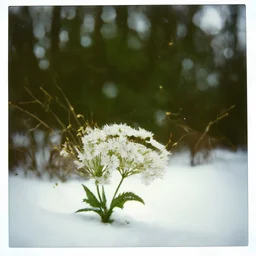 Gypsophila flower in the snow, polaroid
