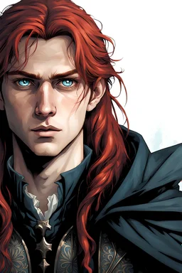 man. 23 years old. handsome. long red hair. light blue eyes. fine medieval clothes