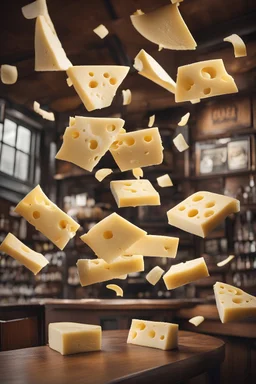 cheese slices flying around in a pub
