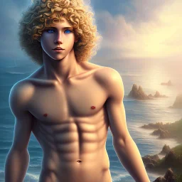 Sango fantasy, fantasy magic, intricate, sharp focus, highly detailed, full body image of a beautiful 12 year old boy with long, blonde curly hair and light blue eyes, smiling, shirtless, in front of an distant beach