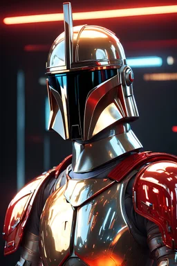 bobafett, GOLD red white CHROME, alta calidad, render 3d render, digital art, 32K ultra hd, hiperrealista, cinematográfico, de alta definición, nuevo diseño, estilo tron, detalles atmosféricos ultra detallados, hermosos efectos brillantes, efectos de chispa, MULTICOLORS, MATERIAL METAL,