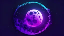 A cyberpunk logo of a Moon. Purple. Indigo. Atmospheric. Floating dust particles. Small glitch effect.