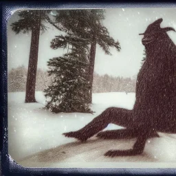 cryptid in the snow polaroid vintage style realistic