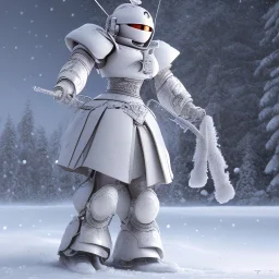 smooth hyper realistic, beautiful Japanese snow knight robot in crown, pale colors, dark cosmos background, extremely sharp detail, finely tuned detail, ultra high definition, 8 k, unreal engine 5, ultra sharp focus, accurate sword wings, positive smile, lot of details, fit within portrait, Ambiance winter, perfect composition, perfect hair, perfect hands, finger up gestures