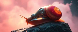 space ship, shiny bright slug bright snail, interdimensional twister, rock against colored spaced fog