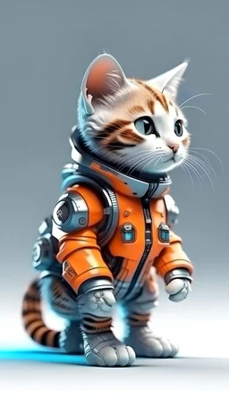 isometric view of a MINI cute hyperrealistic futuristic soldier cat wearing cyberpunk jacket. orange skin. Cinematic, hyper detailed, white GRADIENT background , highly detailed, zoomed out,