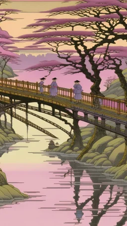 A light pinkish purple haunted bridge painted by Utagawa Hiroshige