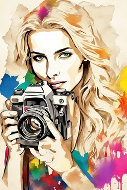 portrait of a blonde woman with a camera, background old torn paper, bright colors, ART drawing