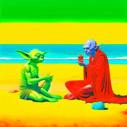 sandy beach scene shows realistic Data from Star Trek and Star Wars' Yoda wearing only a bright red speedo. Yoda, with green wrinkled skin and pointed ears, sits cross-legged while extending his three-fingered hand to feed a wedge of Welsh Rarebit to Data, who reclines on a blue beach towel. Data's pale complexion and yellow skin tone are visible as he receives the food. The beach setting features golden sand, with blue ocean waves visible in the background. Daytime outdoor photography with nat