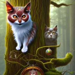 close up on almost invisible cat in a tree in magical forest,another red owl in the background, fantasy book cover art