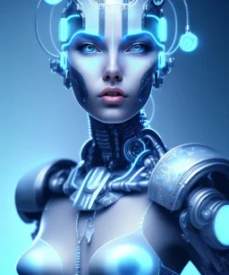 A beautiful portrait of a cute cyborg woman blue color scheme, high key lighting, volumetric light high details with white stripes and feathers and indian paterns and wimgs