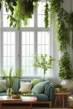 Use an image of a cozy, well-decorated living room. The atmosphere should emanate cleanliness and comfort. Fresh air flowing through a room, light beams or soft wavy lines to show air circulation, green leaves, flowers, or even a backdrop of a clear blue sky to associate the service with freshness and purity.