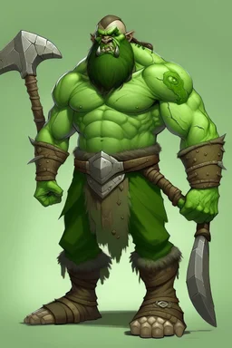 A tall green halforc barbarian