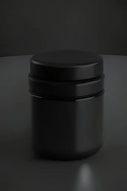 black container, plastic, realism, with screw lid, no labels, round container, front view, dark studio setting