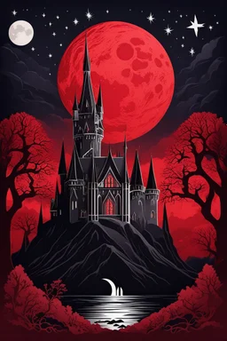 The Midnight Keep, Gothic Castle on the Red Bluffs, a crimson nightfall, stars, Red Full-Moon, red mountains and landscape,, gothic, haunting made with layered paper cut outs vector