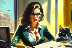 kitten brunette woman secret agent joker in an office in sunshine, very detailed, oil painting