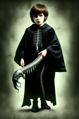 7 year old boy, necromancer, friendly, looks dead,with a long lamprey emerging from his belly , wearing black robes, in the style of H.R. Giger