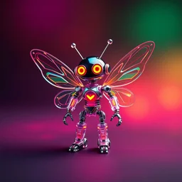 create fairy robot with glass colour wings and fairytale gradient multicoloured background