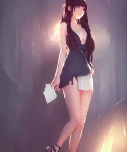 Insane pretty young woman short dressed. by wlop, ilya kuvshinov, krenz cushart, greg rutkowski, pixiv, sarah j. maas book cover style magician at the end of a corridor, smooth, sharp focus, d & d style, artstation, 4 k, hdr. Full body