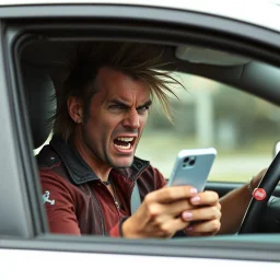 A very angry and bitter punk rocker sitting in a car driving angry, looking at oppsite drivers with looking at their phones