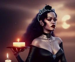 Rita ora, 1800s, witchcraft, long curly black hair, choker, pentagram, black rose, Victorian dress, silver tiara, blood, candle burning, castle