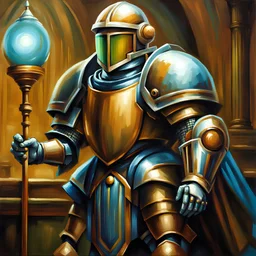 fantasy 90's tcg art of a sci fi paladin witha dome helmet and knight armor with big pauldrons holding a light staff oil painting style