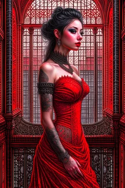 beautiful alluring tattooed female vampiress in thin red dress standing on top of the gothic cathedral top view. Luis Royo, Steve Hanks, hyper-detailed, hyperrealistic, digital art, detailed background, dark fantasy, cinematic, vibrant pastel colours