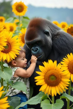 A child play with the s big gorilla among sunflowers farm the child is seems very happy while the gorilla been silly