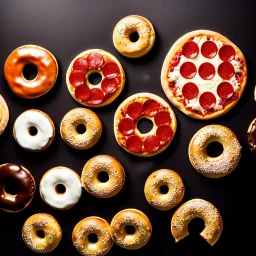 Pizza, hamburger, coca-cola, donut, coffee, black background