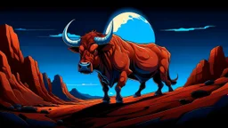 A striking and dynamic illustration of a muscular brown bull, standing proudly on a red and rocky terrain. The bull's muscles are exaggerated, giving it an almost mythical appearance. The background is a vast, deep blue sky with a full, glowing moon, casting a soft light over the scene. The atmosphere evokes a sense of power and mystery.