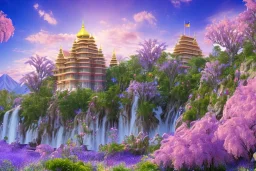 mountain, old and pink crystal indian PALACE on the mountain,san, swanns,waterfall, BLUE LAKE, SWANNs,fuksia bugainvillier flowers, jacaranda violet trees, sky pink blue, full of details, smooth, bright sunshine，soft light atmosphere, light effect，vaporwave colorful, concept art, smooth, extremely sharp detail, finely tuned detail, ultra high definition, 8 k, unreal engine 5, ultra sharp focus