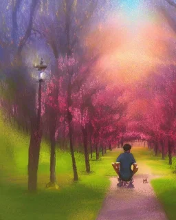 park mystical dream, park bench, man, woman, child, dog, trees, path, bird, sunshine, mystical, fantasy, romanticism, pastel colors, daylight, daytime, acrylic painting, detailed, soft focus,