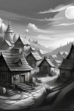 small wall village, fantasy, landscape, sketch, hand drawn, grayscale, 2d