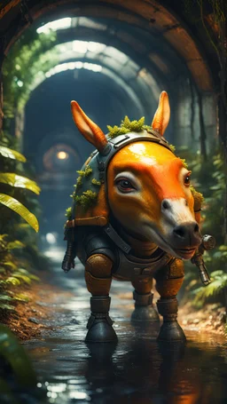 magazine cover, metallic yellow orange donkey turtle chivalry knight with friendly cute face and hair locks in dark lit reflective wet jungle metallic hall dome hotel tunnel, in the style of fallout 4 game,bokeh like f/0.8, tilt-shift lens 8k, high detail, smooth render, down-light, unreal engine, prize winning