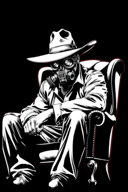 western styles man with wide flat brim hat shading face, wearing a gas-mask, sitting forward on a wingback chair, vignette, black and white graphic novel style with a red outline on black background, gothic body horror