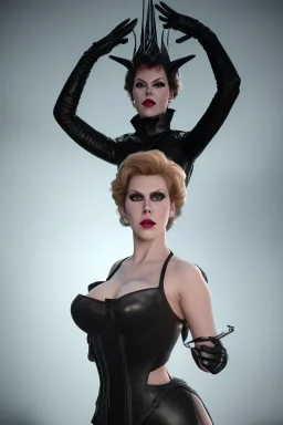 Hannah Waddingham as evil queen in black leather, busty, cleavage, dominatrix, curvy, angry, stern look.